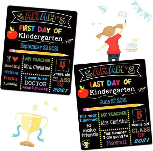 Double Sided First & Last Day of School Chalkboard, 10 x 12 Inch Reusable Wooden Sign for Kids/Girls/Boys, Photo Props