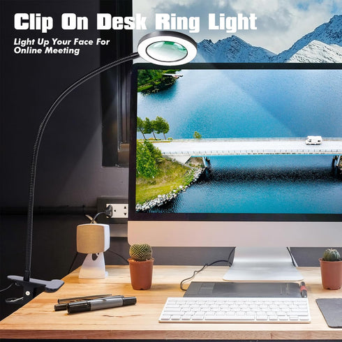 Desk Magnifying Glass with Light 5X, Clip on Desk Light with 3 Light Color, 5w LED Desk Lamp with Clamp 10 Adjustable Brightness, Flexible Gooseneck Craft Light Desk Lamps for Home Office by Yeegras