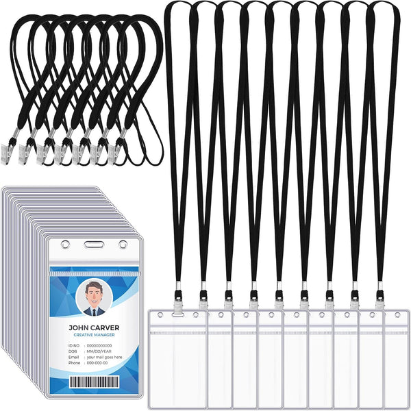 Marspark 200 Pcs Black Name Tag Lanyards with ID Holder, Resealable Flat Neck Lanyards for School Office Supplies