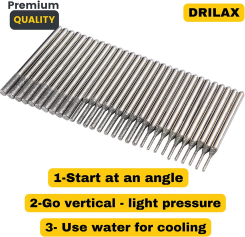 Drilax Diamond Drill Bits for Glass, Sea Glass, Gemstones & Jewelry – 30-Piece Set (1mm, 2mm, 3mm)