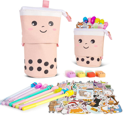 Primo Lines Kawaii Pencil Case and Complete 61 PCS Pink Stationary Set with Cute Boba Case, Pens, Stickers