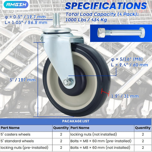 5 Inch 4 Pack, 2 Stemless 2 Shopping Cart Wheels Replacement Kit | & Stem Threaded Caster Wheels with Hardware| Ideal