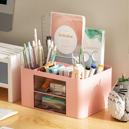 Marbrasse Pen Organizer with 2 Drawers, Multi-Functional Pencil Holder for Desk, 5 Compartments + Drawer for Office
