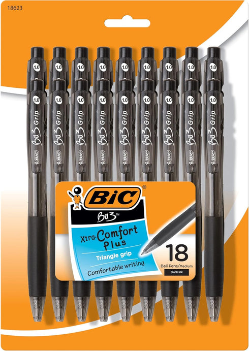 BIC BU3 Grip Retractable Ballpoint Pen, Medium Point (1.0mm), Black, Side Click Retraction, 18-Count
