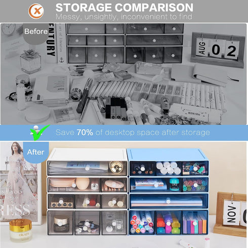 9 4 Desk Storage Organizer with Drawers, Tiers Stackable Desktop Craft Storage Drawers, Clear Storage Box Caddy