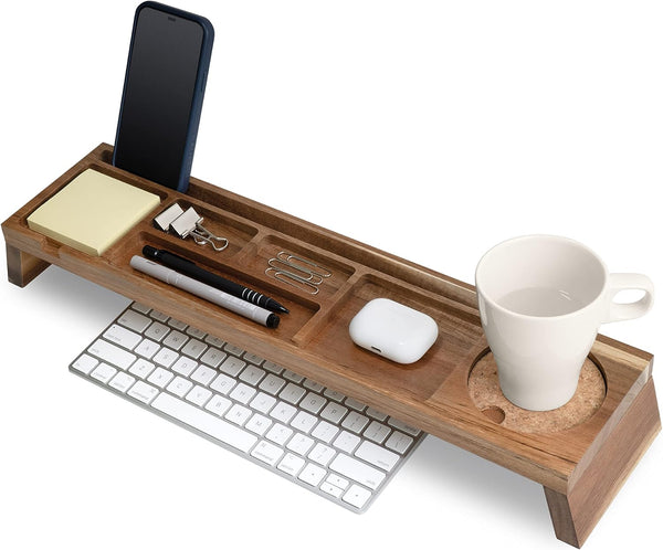 Natural Wood Desk Organizer - Multi-Compartment Wooden Caddy for Home, Office, Cubicle Accessories - Pencil Storage Tray