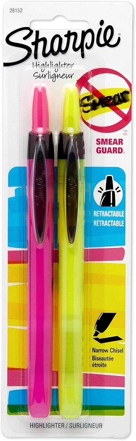 SHARPIE Retractable Highlighter, Smearguard Technology, Vivid Colors, Pack of 1 Blister with 2 Highlighters
