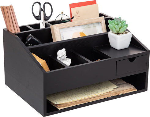 Wood Desk Drawer Organizers with File Organizer and Pen Holder, Black Office Decor Combo for Desk Organization