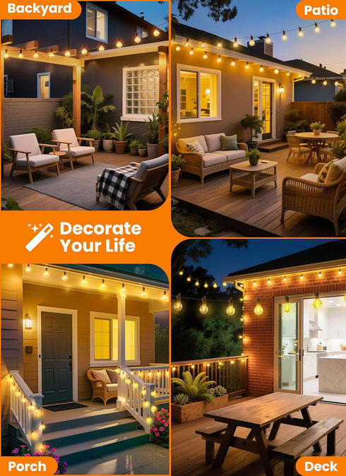 50FT 25 2200K Outdoor String Patio Lights, LED Patio Lights Waterproof, Connectable Shatterproof Hanging Outside String