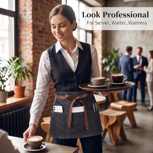 3 Toyvian Durable Denim Waist Apron with Pockets Unisex, Short Half Server Apron for Waiter Waitress, Bar, Cafe