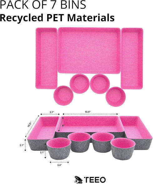 Pack of 7 Pink Desktop Storage Drawers - Makeup Organizer and Office Drawer Organizer Tray for Home Desk