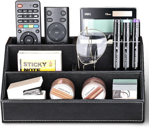 KINGFOM Pu Leather Desk Organizer with 5 Compartments for Office Supplies, Black