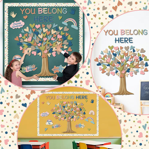 Boho Classroom Tree Bulletin Board Decor You Belong Here Heart Cutouts Border Supplies for Chalkboard Elementary School