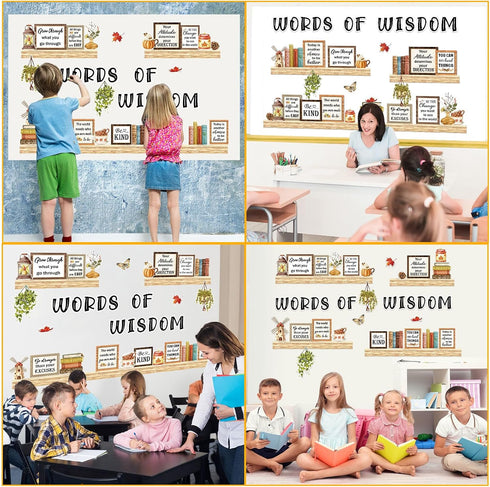 Set, Qilery Bookshelf Bulletin Board Motivational Words of Wisdom Cutouts for Classroom Decor, Rustic Boho Library