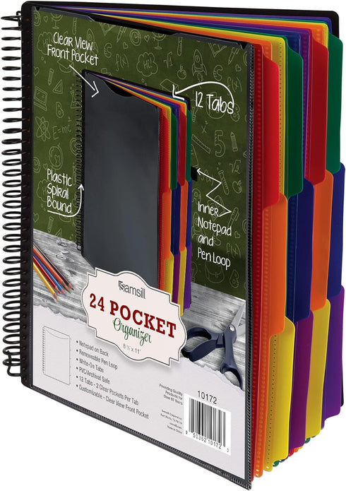 Samsill Deluxe 24 Pocket Spiral Project Folder, 12 Dividers, Customizable Front Cover, Multi Colors Plastic Folders