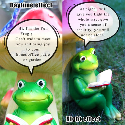 RCTTICUU Solar Frog Mushroom Garden Statues,Statuettes of Resin Frog Mushroom Reading a Book Figurine with LED Solar