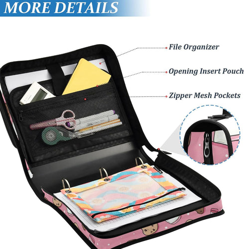Fisyme 3 Cookies Cute Milk Bottles Zipper Binder Ring with Zipper and Shoulder Strap Large Capacity Multi-Pocket Binder