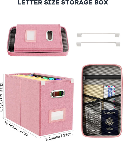 Oterri File Organizer Box with Lid, Hanging Filing File Box with Mesh Pocket, Document Organizer Box for Letter Files, Portable Storage Box with Smooth Sliding Rail for Office&Home (1 PCS, Pink) by Oterri