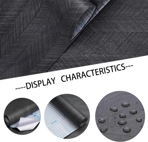 15.7"X118" Black Wood Wallpaper, Peel and Stick Fishbone Textured Contact Paper for Cabinet Decoration