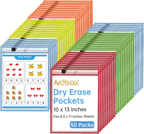 Ndsox 50 Packs Oversized Dry Erase Pockets, Heavy Duty Clear Plastic Document Sleeves for Teacher Classroom