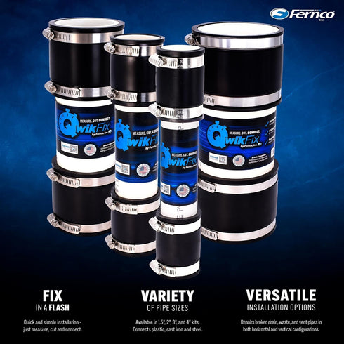 Fernco QwikFix Broken Pipe 3" Coupling Repair Kit for Plastic, Cast Iron, and Steel Pipes in Black