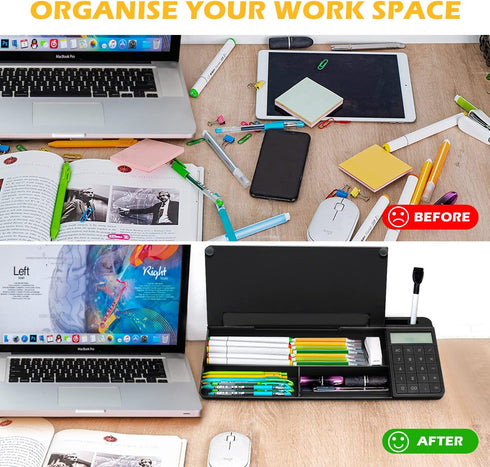 Desktop Glass Whiteboard with Calculator, Black Dry Erase Board Surface, Desk Organizers with Accessories