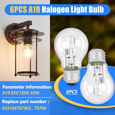 6-PCS A19 Bulb, 43 120V E26 60W Bulbs Halogen Light Watt Base, Replacement Non-LED for Table Lamps & Home Lighting