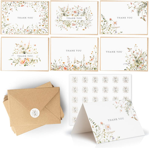 SPIRITDUST 52-pack 3.5x5 Inches, 6 Floral Thank You Cards Bulk with Kraft Envelopes & Matching Stickers, Wildflower