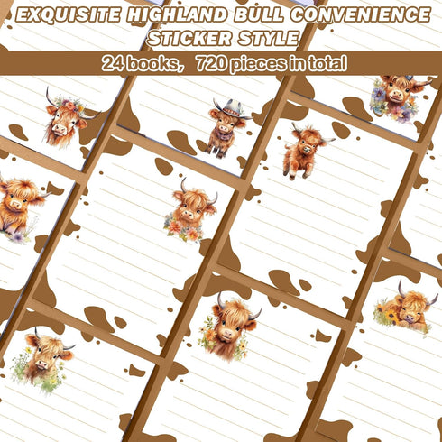 Janlaugh 24 Pads 1440 Sheets Highland Cow Sticky Notes, Cute Memo Pads for Journal Gift, Cow Party Favors, 3 x 4 in