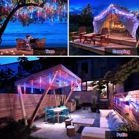 8 144 4th JMEXSUSS Red White and Blue Solar Lights, Tube LEDs Patriotic Solar Meteor Shower Lights Waterproof