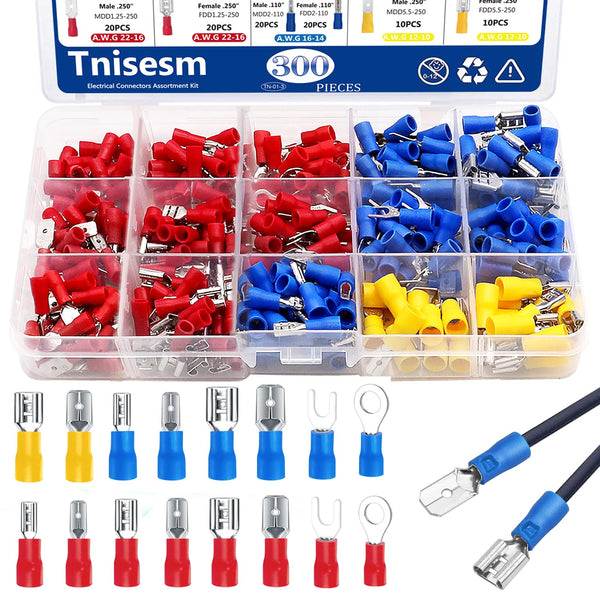 Tnisesm 300Pcs Spade Connector, Crimp Connectors 2.8mm 4.8mm 6.3mm Male and Female Kit, 16 Types Electrical Connectors