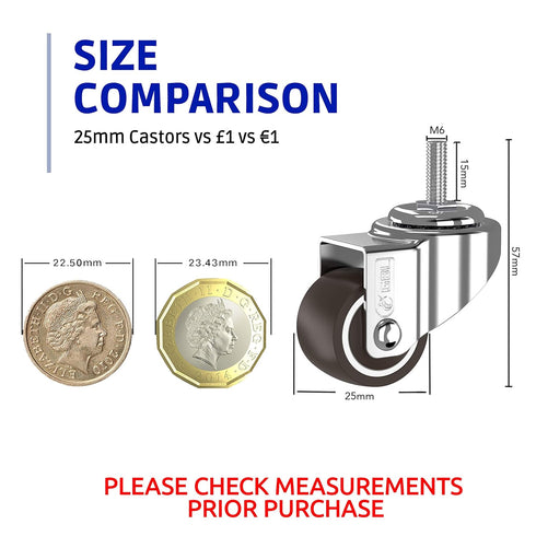GBL 1" inch Small Caster Wheels with 2 Brakes + Screws M6x15mm - 90Lbs - Low Profile Castor Wheels with Brakes - Set of 4 No Floor Marks Silent Casters - Mini Wheels for Cart