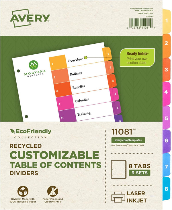 Avery EcoFriendly Recycled Dividers for 3 Ring Binders, 8-Tab Multicolor, 3 Sets for 24 Total (11081)