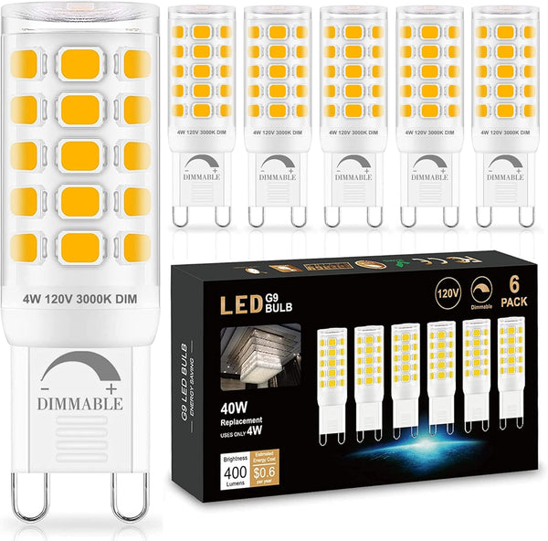 Sailstar G9 LED Bulb Dimmable, 40W Equivalent, 3000K Warm White, 400 Lumens, G9 Bi-pin Bulb, 4W, 6 Pack for Chandeliers.