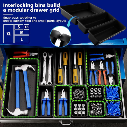 ALIKZO 70 Set, 5 PCS Tool Box Organizer Tray & Desk Drawer Organizer Size Interlocking Bins for Garage Tool Storage