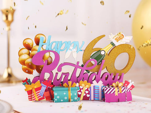 Liif Happy 60th Birthday 3D Greeting Pop Up Card, Funny Birthday Card for Women, Men, Celebration with Gold Glitter