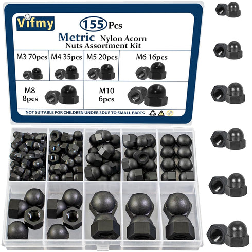 Vifmy Metric Black Nylon Acorn Nuts Assortment Kit,M3 M4 M5 M6 M8 M10