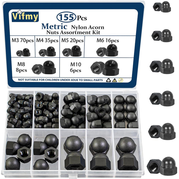 Vifmy Metric Black Nylon Acorn Nuts Assortment Kit,M3 M4 M5 M6 M8 M10