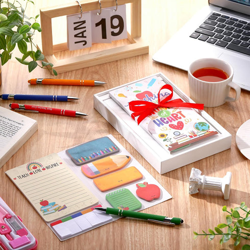 Jetec 4 Sets Funny Teacher Sticky Note with Pen, Apple Shape Self-Stick Note for School Office Teacher's Day