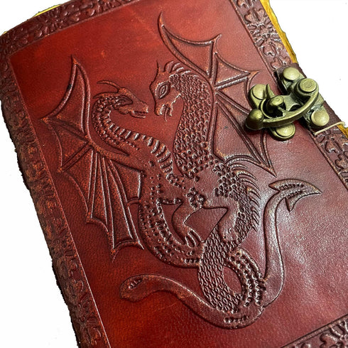 AzureGreen DOUBLE DRAGON Blank Page Book, Handcrafted Leather Unlined Journal, 5 x 7 Vintage Brown