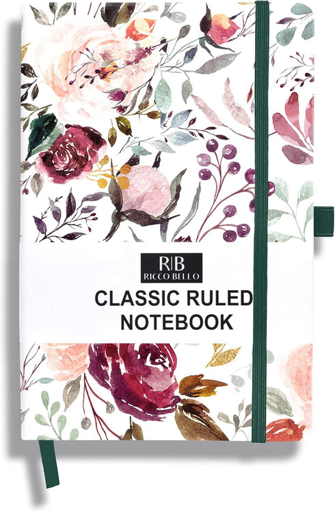 RICCO BELLO Classic College Ruled Notebook - Hardcover Lined Writing Journal, 192 Pages, 5.7" x 8.4" (Blossoms)