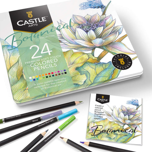Castle Arts 24 Coloured Pencil Set in Tin Box, Perfect for Botanical Art, Quality Smooth Cores for Blending & Layering