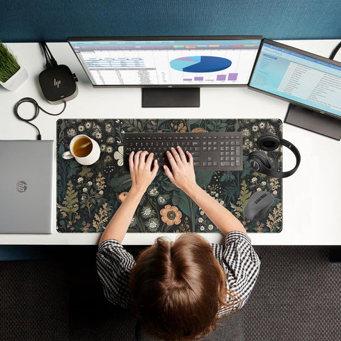 Dark Flower Desk Mat, Aesthetic Wildflowers Large Gaming Mousepad, XXL Keyboard Mouse Mat for Women Office Desk