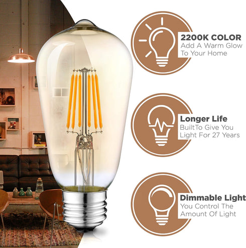 Hudson vintage LED Edison 6W Light Bulbs (6 Pack) - 2200K Dimmable Warm Lightbulbs (60W equivalent) - E26/27 Base Amber gold tint glass light bulbs - ST58 style decorative light Bulb Set by HUDSON BULB CO.