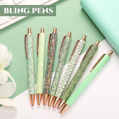 Sherr 7 Pcs Fancy Pens for Women, Cute Sparkly Glitter Pens, 10 Pcs Black Ink Refills, Journaling Gifts