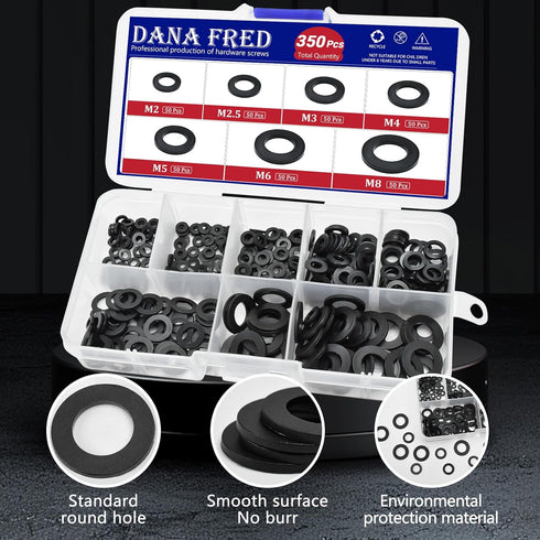 350pcs Black Nylon Flat Round Washer Spacer Assortment Kit - 7 Sizes M2-M8, Countersunk Plastic Gasket Rings