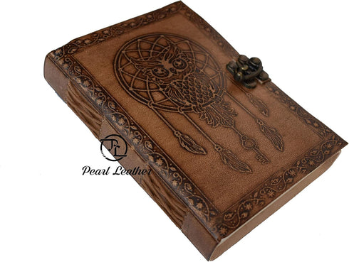 Blank Book of Shadows Journal with Dream Catcher and Owl, Leather Witchcraft Grimoire Sketchbook, 7x5