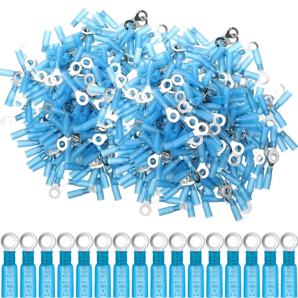 300 Pcs Heat Shrink Ring Terminals #10 Blue, 16-14 AWG Electrical Connectors, Waterproof and Insulated (Ring 1/4")