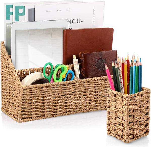 Sintuff 2 Pcs Woven Mail Organizer and Pencil Holder Set, Countertop Storage Desktop Pencil Cups for Home Office
