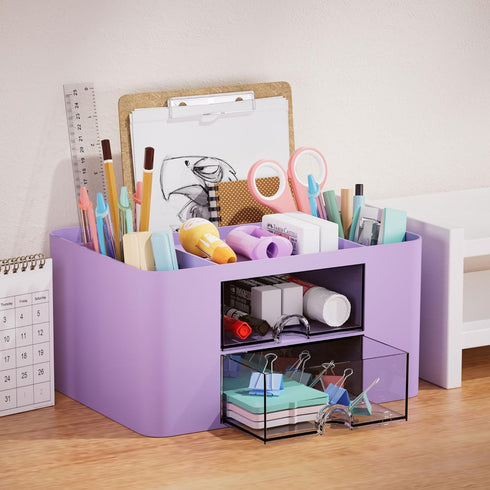 Marbrasse Pen Organizer, Multi-Functional Pencil Holder with 2 Drawers, 5 Compartments for Office Art Supplies (Purple)